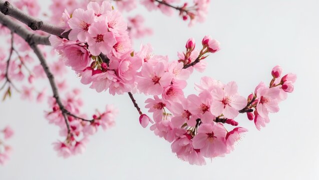 Isolated cherry blossom branch with pink flowers and petals on white background