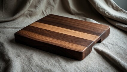 Handcrafted walnut wood board for cutting on vintage linen surface