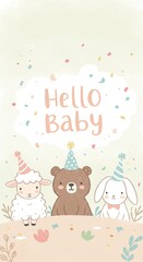 Cute baby animals with party hats and confetti celebration