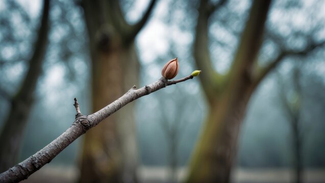 Nature-inspired pattern showcasing springtime chestnut branch with budding apical tip against blurred forest background