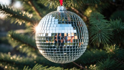 Obraz premium Christmas tree adorned with a shiny disco ball as a festive bauble