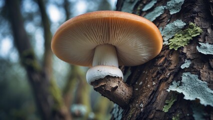 Detailed view of a large fungus on a tree trunk with light brown, textured surface and visible concentric rings in a forest setting.
