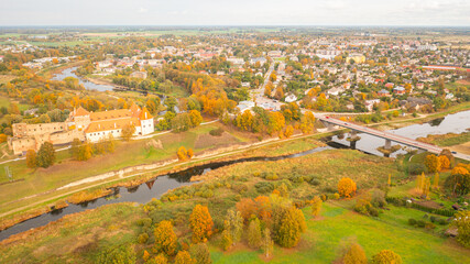 Aerial photo from drone to Bauska Castle on a beautiful autumn day. Bauska, Latvia. (Series)
