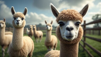 Obraz premium Adorable alpaca behind the fence enjoying a sunny day in the pasture
