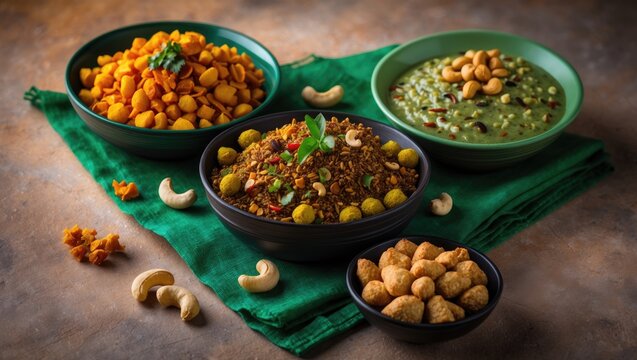 Healthy Breakfast and Snack Options: Namkeen, Dal, and Nut Mix with Vegetables and Tea