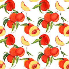 Seamless watercolor pattern with  peaches and green leaves. Perfect for summer fabric, packaging, kitchen decor, stationery, and digital paper.