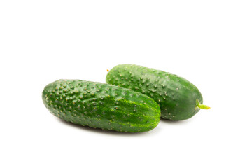 Cucumber isolated on white background. Slice of cucumber on white background. Fresh organic green cucumbers. Vegan. Ingredient for salad. Farm vegetables.