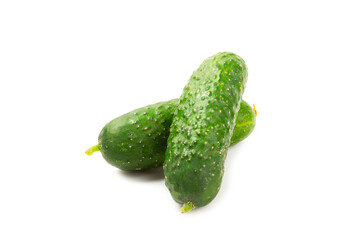 Cucumber isolated on white background. Slice of cucumber on white background. Fresh organic green cucumbers. Vegan. Ingredient for salad. Farm vegetables.