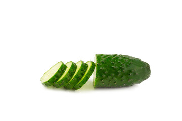 Cucumber isolated on white background. Slice of cucumber on white background. Fresh organic green cucumbers. Vegan. Ingredient for salad. Farm vegetables.