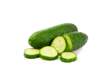 Cucumber isolated on white background. Slice of cucumber on white background. Fresh organic green cucumbers. Vegan. Ingredient for salad. Farm vegetables.