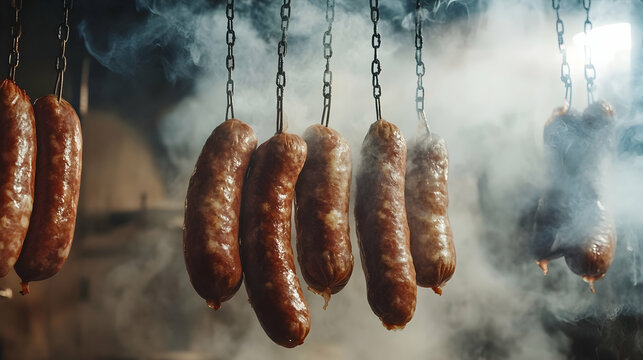 Smoked sausages hanging in smoky environment