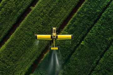 Aerial shot captures a yellow crop duster spraying a field of crops, highlighting agriculture.