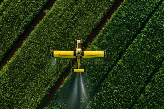 Aerial shot captures a yellow crop duster spraying a field of crops, highlighting agriculture.