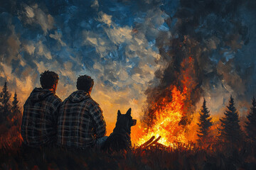 Fototapeta premium people sit by a crackling fire, silhouetted against the warm glow, their faces relaxed in conversation under a starry night sky.