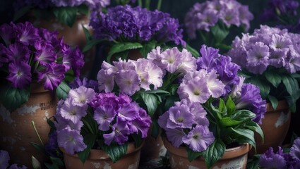 Blooming lisianthus flowers in decorative pots
