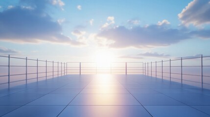 Blank open air presentation stage with glowing light between fence and floor and blue sky on background. 3D rendering, mock up illustration , no logos, no brands