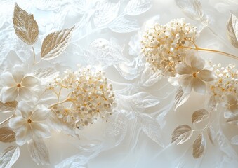 Delicate, pale cream flowers and leaves, set against a backdrop of etched, translucent white patterns.  Soft lighting highlights the intricate details of the blossoms and foliage
