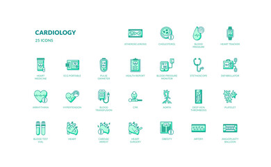 cardiology healthcare medical doctor cardiac heart disease green filled line icon set