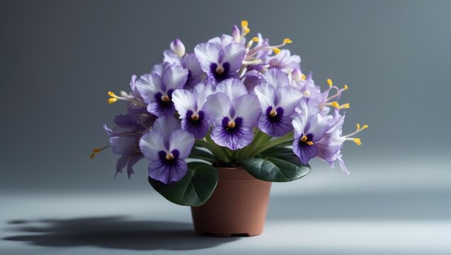Beautiful blooming mini Violet of Optimara Little Intermezzo set against a gray background