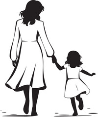 A Minimalist Silhouette of Mother and Daughter Walking Hand-in-Hand on White Background, mother and daughter line art vector