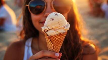 Girl Enjoying Ice Cream Cone on Beach at Sunset, Summer , Treat