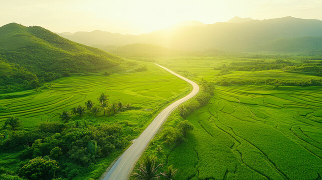 Lush terraced rice fields and winding road in southern Vietnam during daylight hours