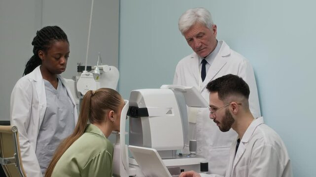 Diverse team of multigenerational eye specialists looking at screen of diagnostic ophthalmic machine measuring female patients refractive error during health checkup in ophthalmology clinic