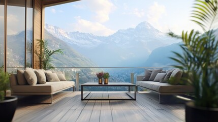 Fototapeta premium luxury apartment with exclusive view Modern balcony with mountain view and stylish furniture.