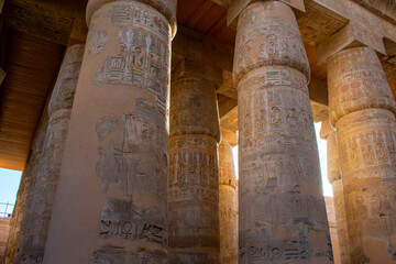 Karnak Temple in Luxor, Egypt. Hieroglyphs and Art on pillars and walls. Temples, pylons, chapels, and other buildings in Karnak Temple Complex 