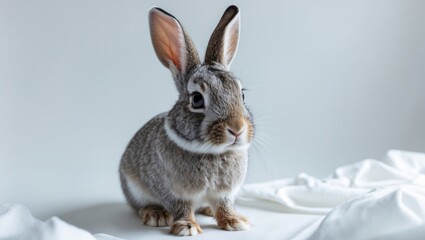 Studio shot of a tiny, cute bunny with fluffy fur against a white backdrop