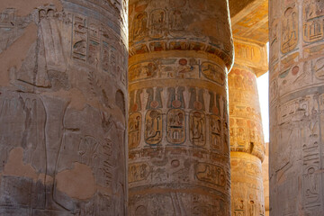 Karnak Temple in Luxor, Egypt. Hieroglyphs and Art on pillars and walls. Temples, pylons, chapels, and other buildings in Karnak Temple Complex 