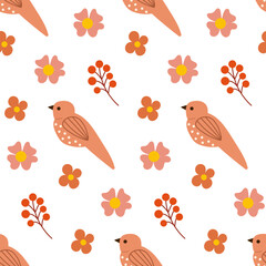 Beautiful bird seamless pattern with berries. Retro style seamless pattern.