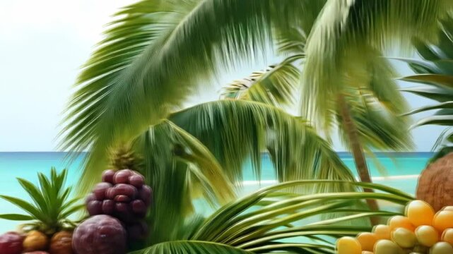 Lush tropical scene with palm trees coconuts and grapes