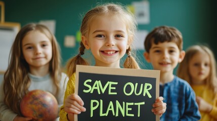 smiling happy children with poster "SAVE OUR PLANET" , standing in school class, Earth day.