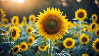 Obraz premium Yellow sunflower macro shot amidst a lush, blurred field