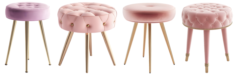 Set of modern velvet round stools with wooden legs in pink and purple shades, isolated on transparent background

