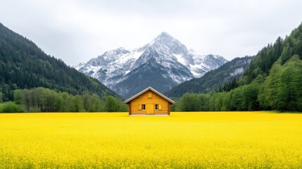 Fototapeta premium Wooden Cabin Alpine Valley Scenic Vista High-resolution Vibrant Lighting Landscape Wide Shot Serene Solitude Mountainous Backdrop Sunny Yellow Tones Ideal for Travel Brochures