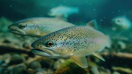 Fototapeta premium Trout swimming in a clear river, a peaceful moment in nature's aquatic harmony