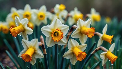Obraz premium Garden Narcissus yellow flowers blooming with water drops, highlighting freshness and macro perspective on a natural green backdrop