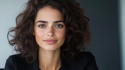 Fototapeta premium Confident woman with soft curly hair. Close-up portrait of a professional woman with a pleasant expression and natural makeup. Her curly hair frames her face, and she is wearing a black blazer
