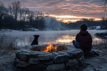 Man and dog by fire pit on a winter morning.