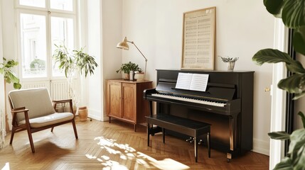 Piano in sunlit room, music sheet, armchair, plants