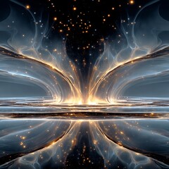Fototapeta premium Image of an abstract, strange occurrence - a shining pattern of golden light, blue fog and gold sparks on a black background