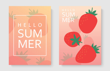 Colorful fruit background, vector set of cards. Minimalist poster with strawberries on color background. Summer and spring bright design of menu and drinks, promotion, advertising, wallpaper.