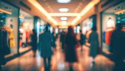 Defocused view of an urban shopping mall interior featuring department store design and merchandise
