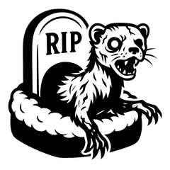 Obraz premium Cartoon Zombie Ferret Emerging from Grave with Tombstone