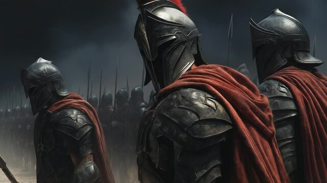 Warriors stand ready for battle, donning impressive armor and red capes. The atmosphere is tense as they prepare for a great conflict in a foggy, dramatic setting