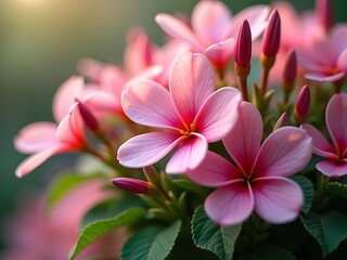 Fototapeta premium Close-up of Delicate Pink Frangipani Flowers and Buds in a Lush, Natural Setting