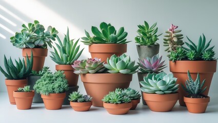 Overhead shot of isolated succulent plants in pots with green and purple leaves against white backdrop