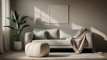 Contemporary home interior showcasing sofa, ottoman, and houseplant accents
